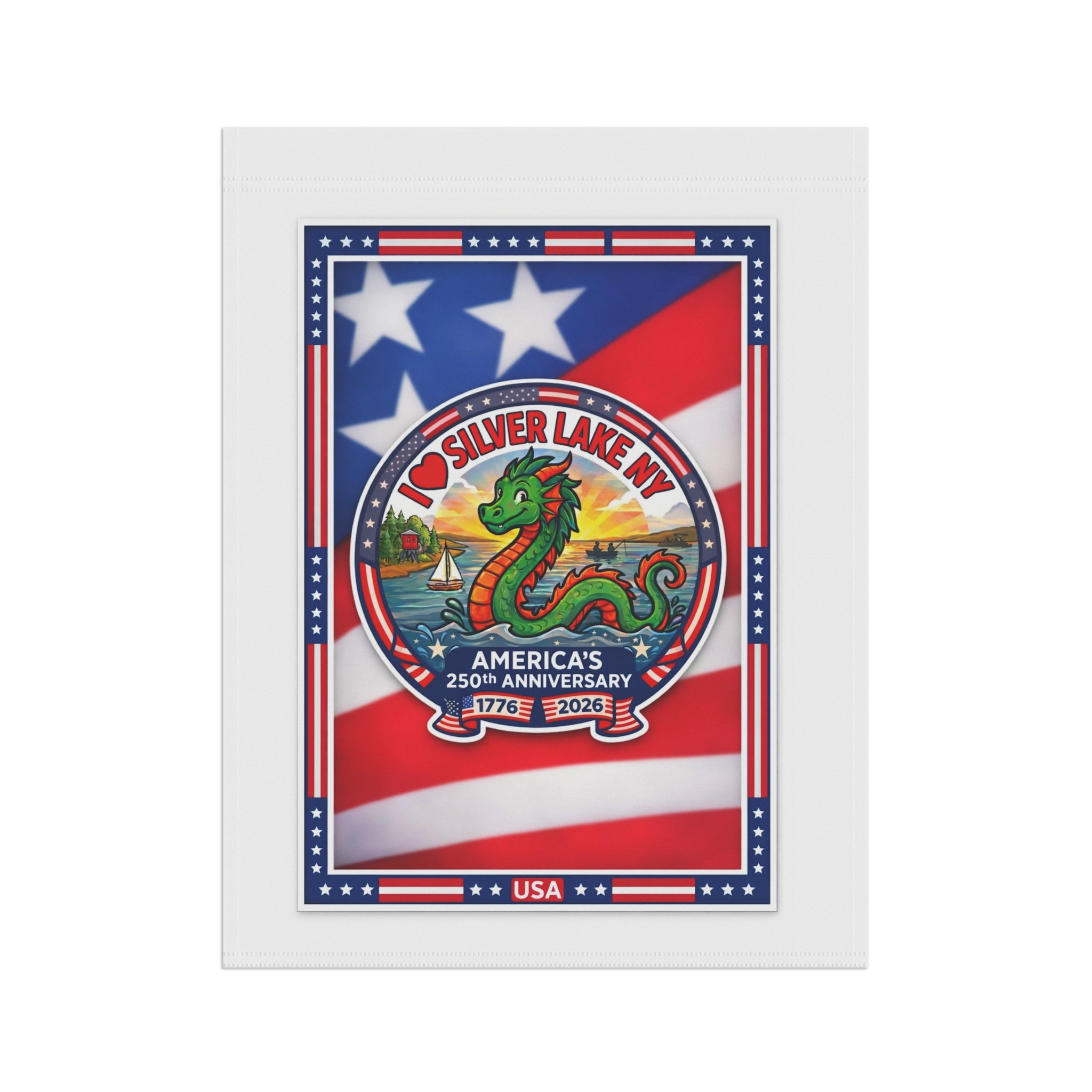 Patriotic Silver Lake NY Garden Flag — 250th Anniversary USA Decorative Banner
