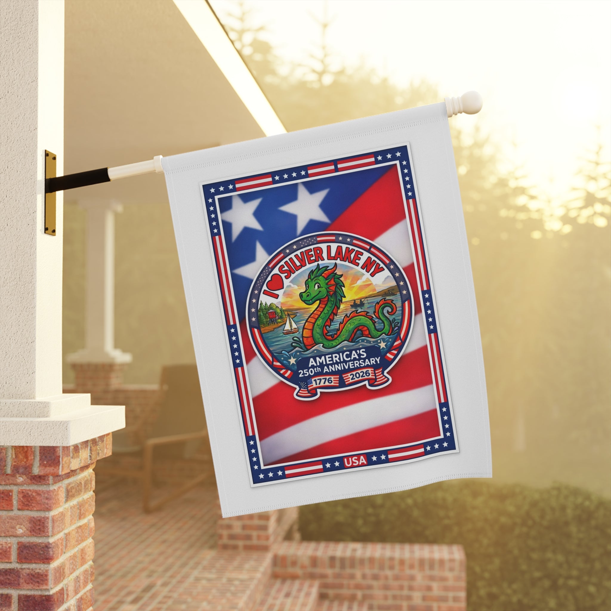 Patriotic Silver Lake NY Garden Flag — 250th Anniversary USA Decorative Banner