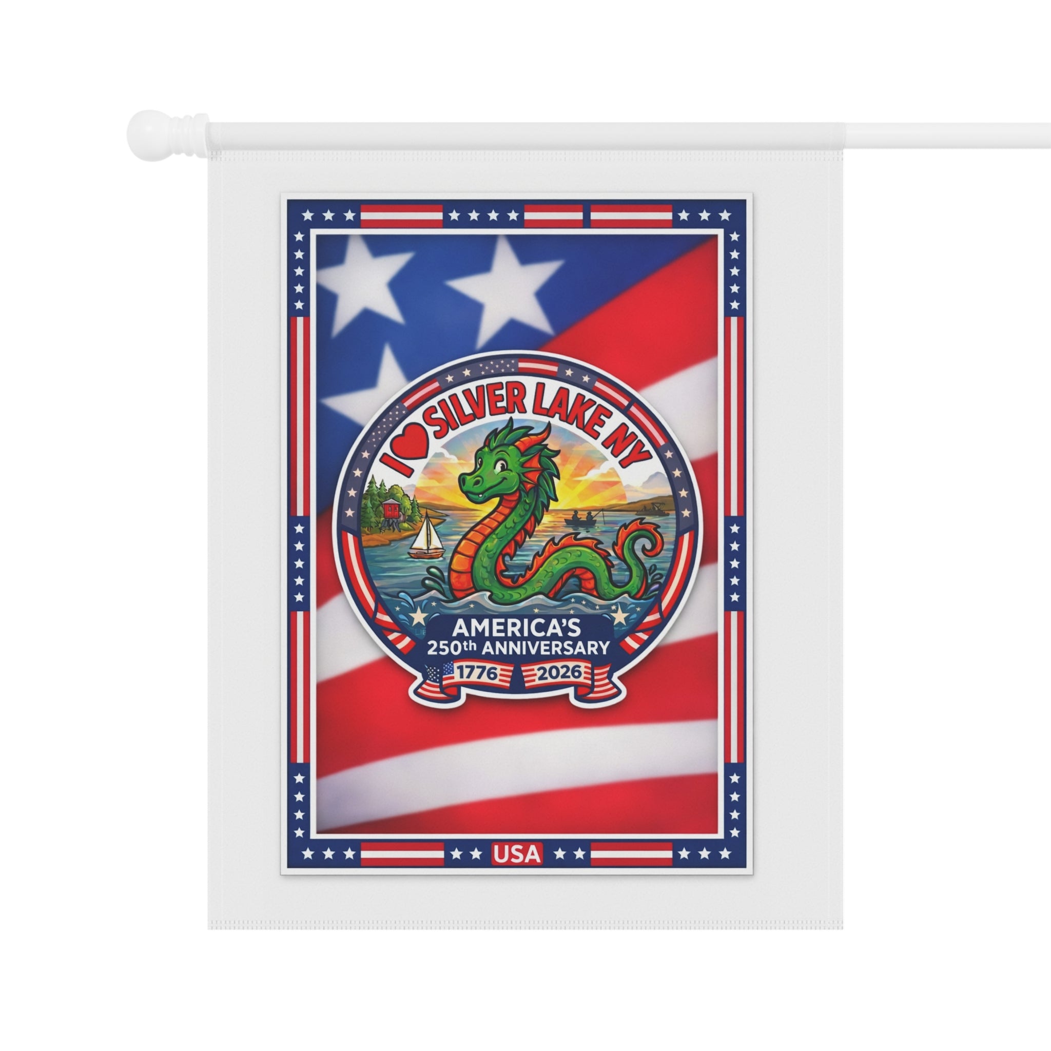Patriotic Silver Lake NY Garden Flag — 250th Anniversary USA Decorative Banner