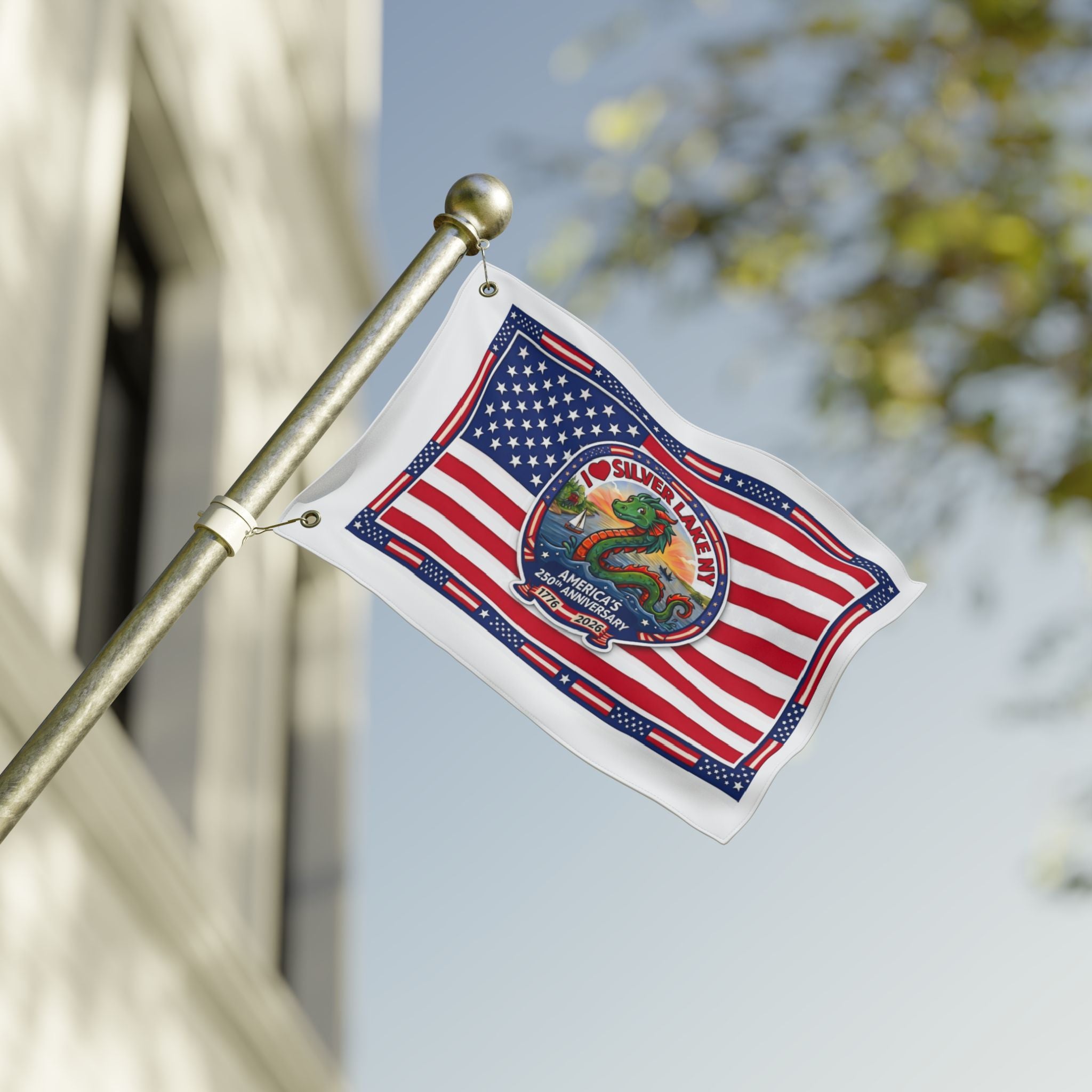 Silver Lake NY 250th Anniversary Double-Sided American Flag — Patriotic Outdoor Banner