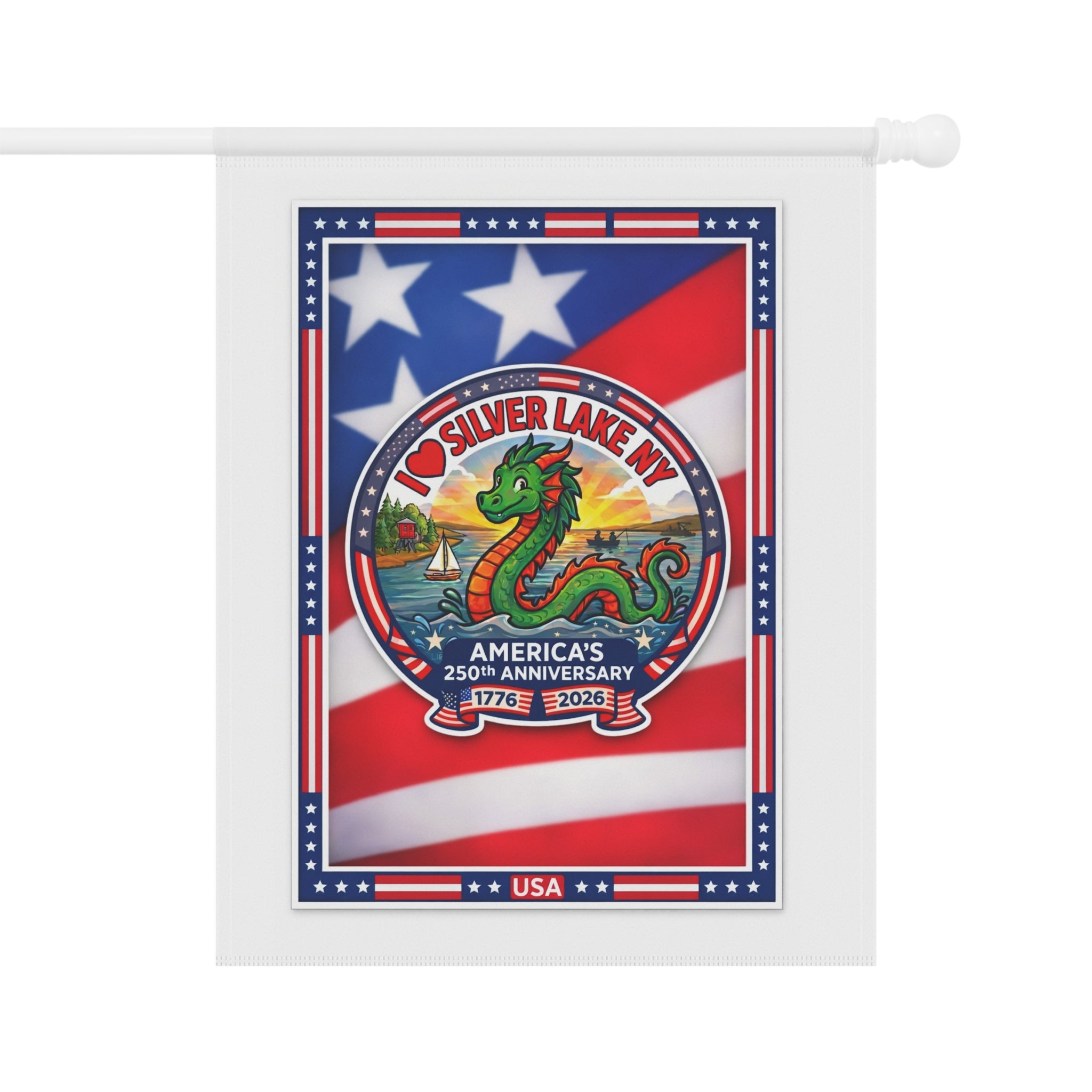 Patriotic Silver Lake NY Garden Flag — 250th Anniversary USA Decorative Banner