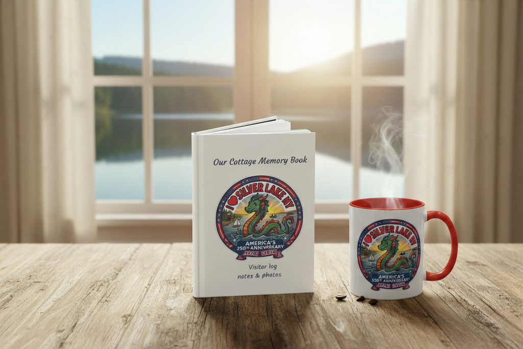 Silver Lake NY Memory Journal with Sea Serpent Mug by the lake window