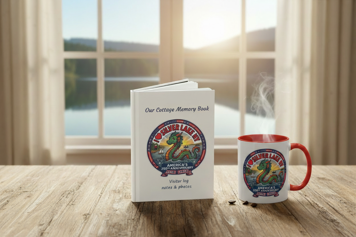 Silver Lake NY Memory Journal with Sea Serpent Mug by the lake window